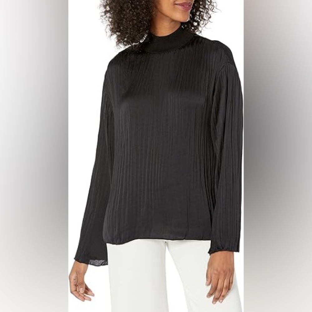 NWT Vince Black Pleated Mock Neck Blouse